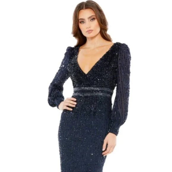 Mac Duggal Sequin Long Sleeve Midi Cocktail Dress in Midnight Blue. Sz: 14 - Picture 2 of 16
